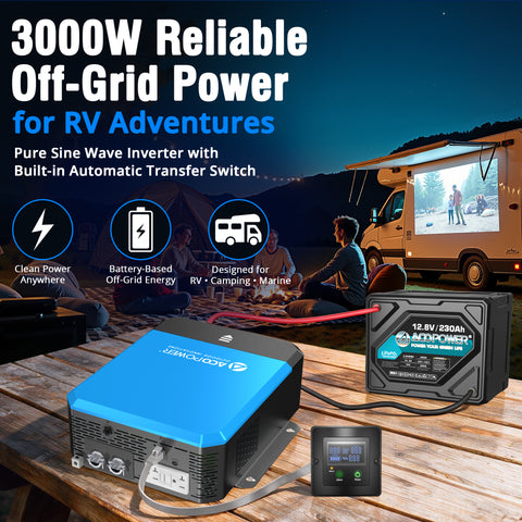 Pure Sine Wave Inverter with Transfer Switch, 12V DC to 120V AC